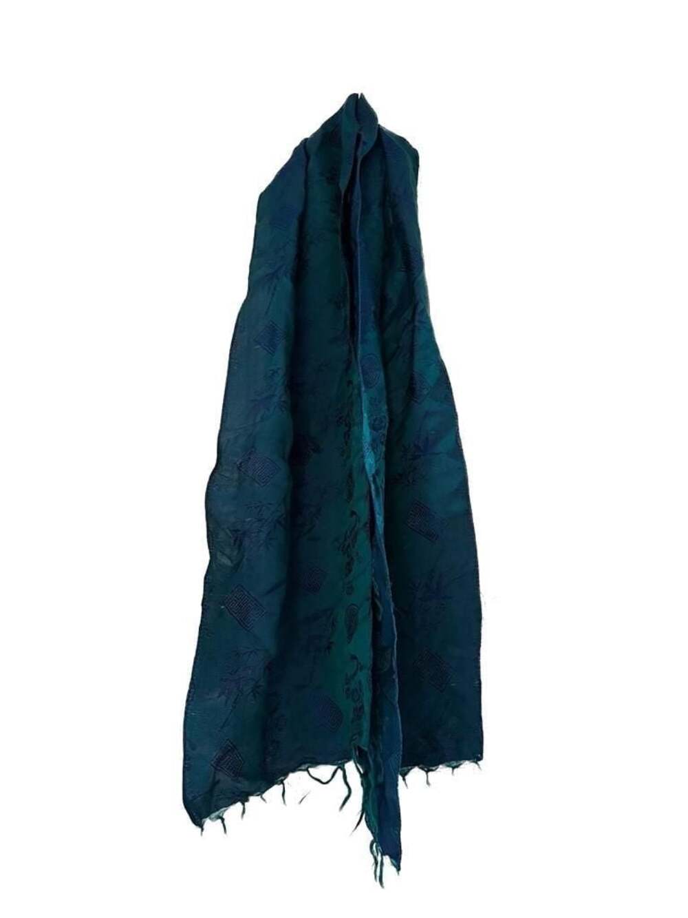 Vintage 100% Silk Teal and Blue Jacquard Scarf with Chinese Longevity Symbols an